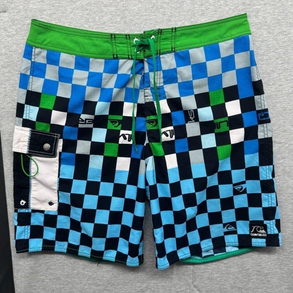 VTG 90s‎ Quicksilver Board Shorts Men 38 Checkerboard Drawstring Surf Sportswear